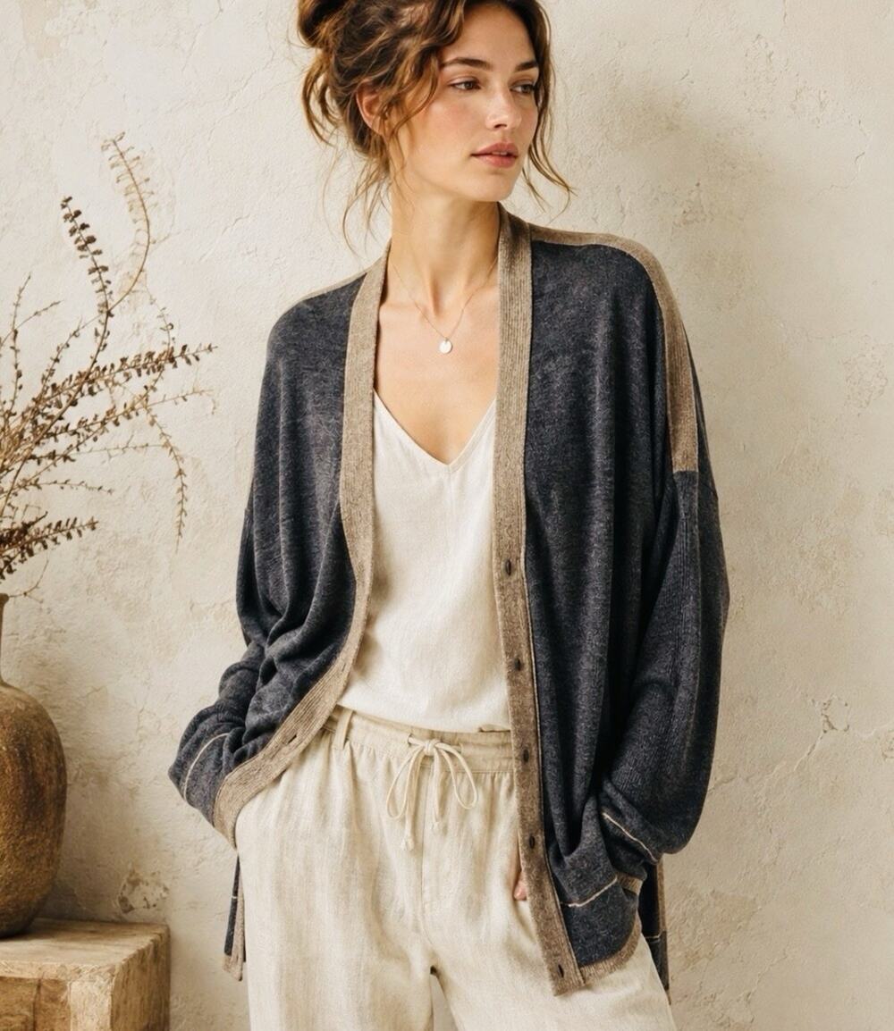 LABEL+thread Silk Cashmere Cardigan L Charcoal Taupe Oversized Quiet Luxury
